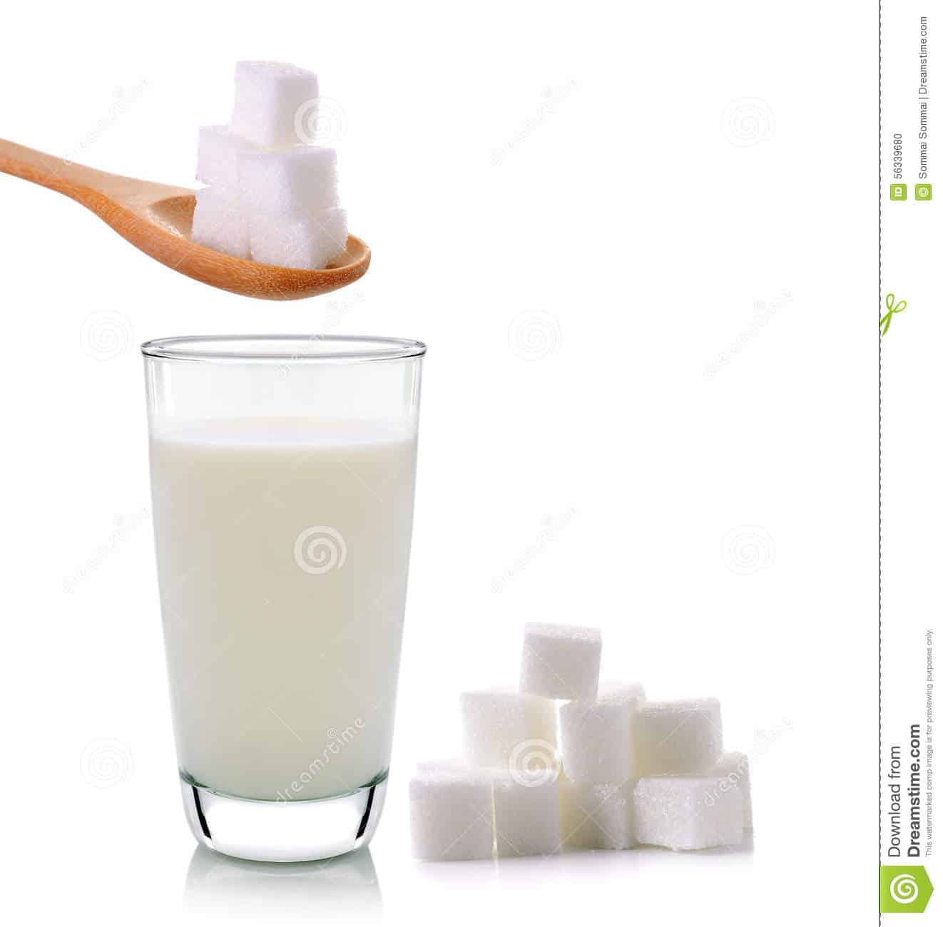 Glass of Milk with Sugar on White Background Stock Photo